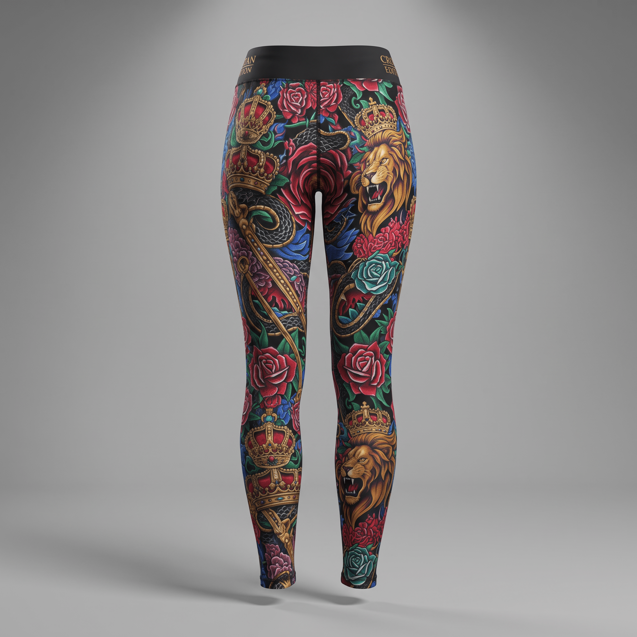 Back view of women's colorful tattoo-style print leggings featuring lions, crowns, and red roses against a black background.
