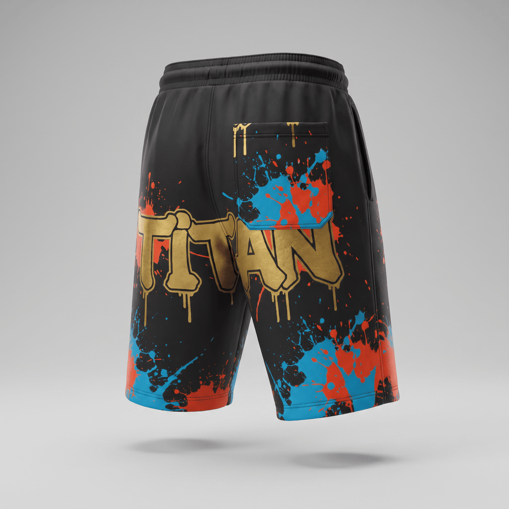 Black athletic shorts with blue and red paint splatters, gold Titan branding, and a back pocket on a grey background.