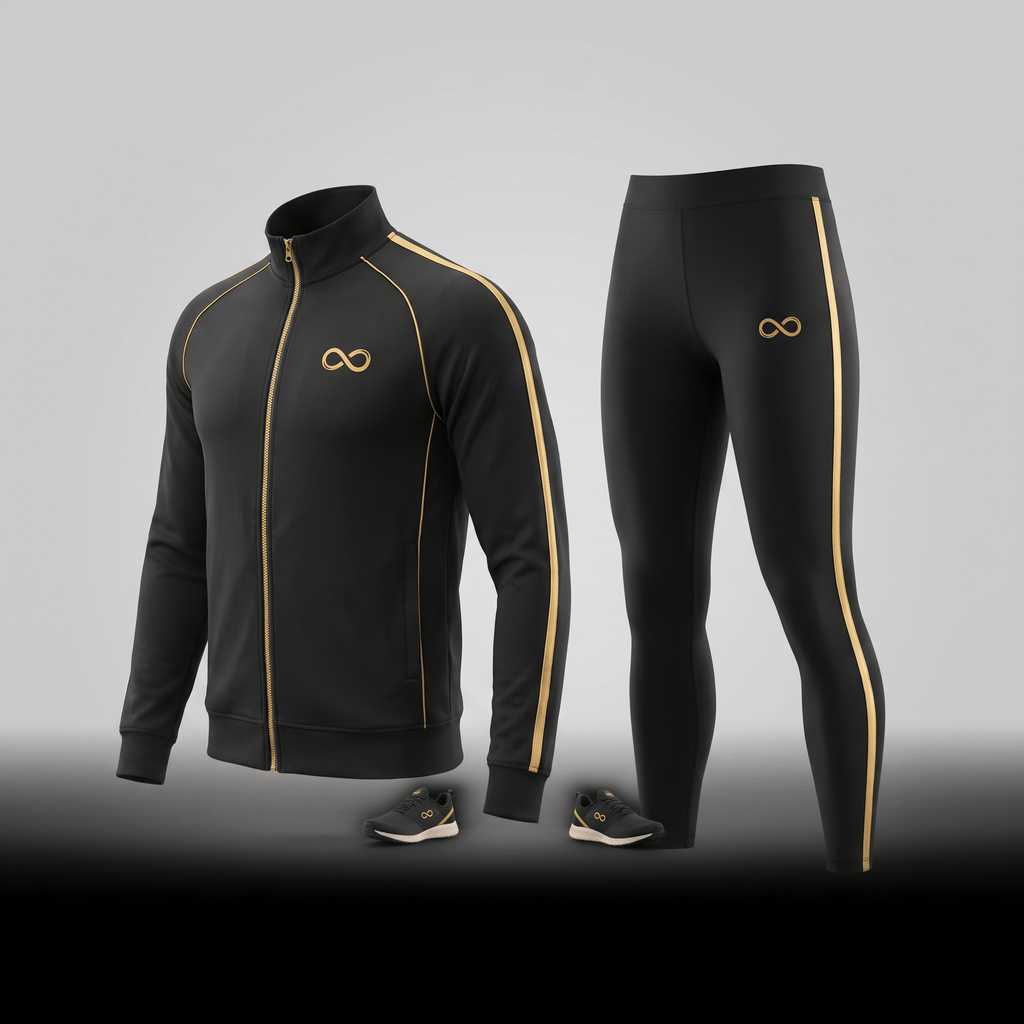 Black athletic tracksuit set with gold piping and infinity logo, including jacket, leggings, and sneakers.