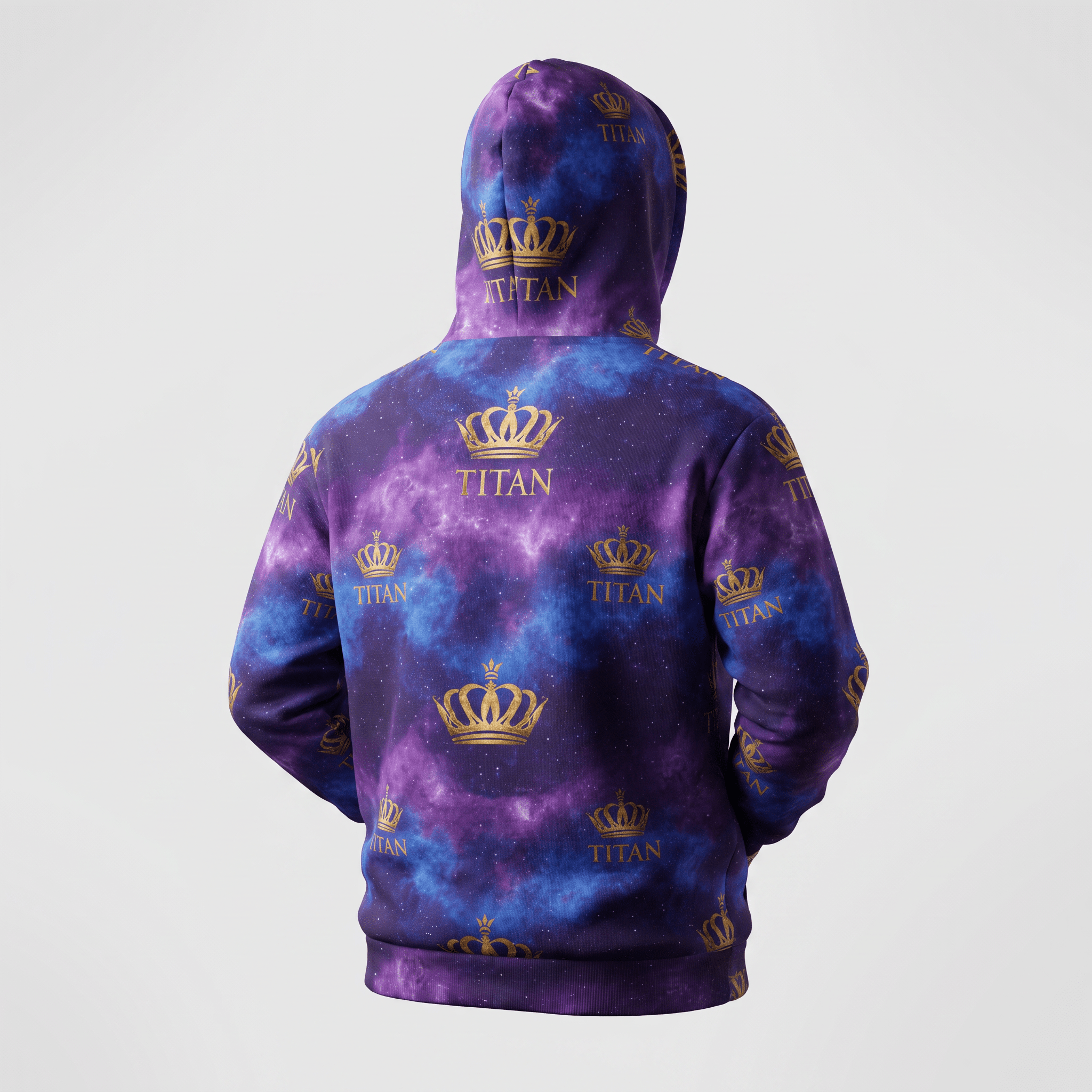Back view of a purple and blue galaxy print hoodie featuring a repeating gold crown and Titan logo pattern.