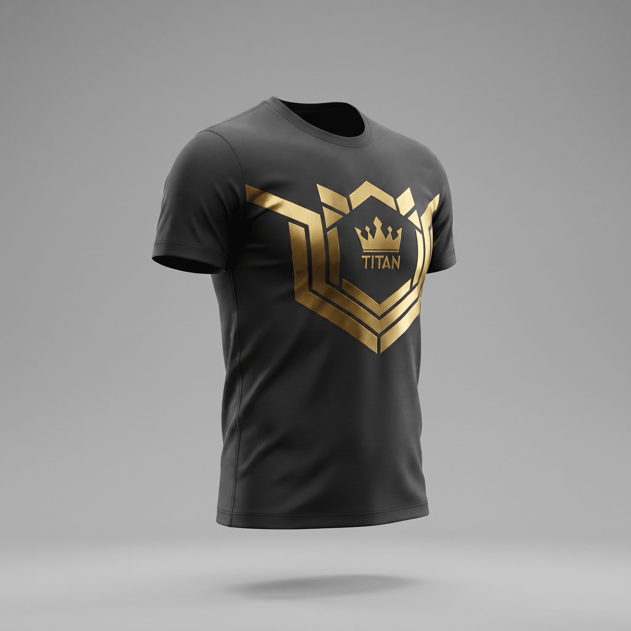 Black t-shirt featuring a metallic gold geometric crest and crown graphic with the text TITAN.