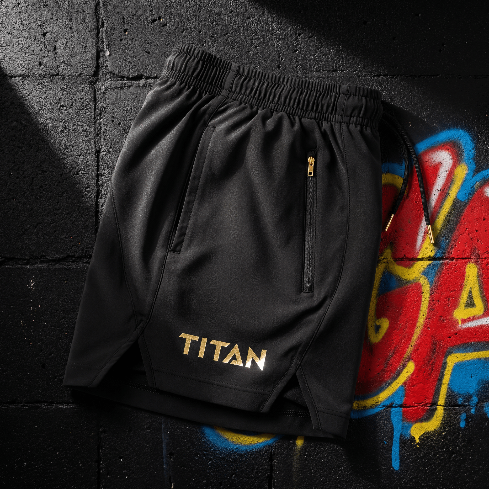 Black athletic shorts with gold "TITAN" logo, zippered pocket, and drawstring, placed against a graffiti wall.