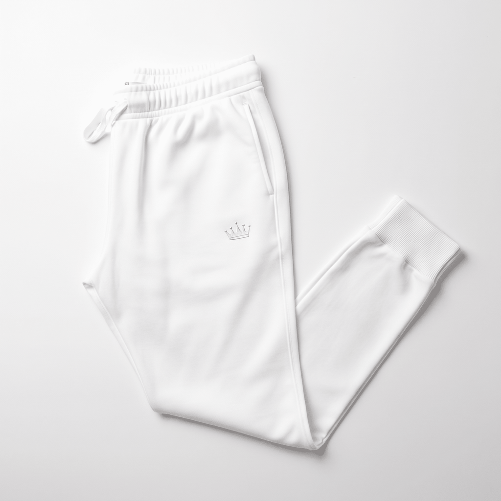 White fleece joggers with a small crown logo, drawstring waist, and cuffed ankles on a neutral background.