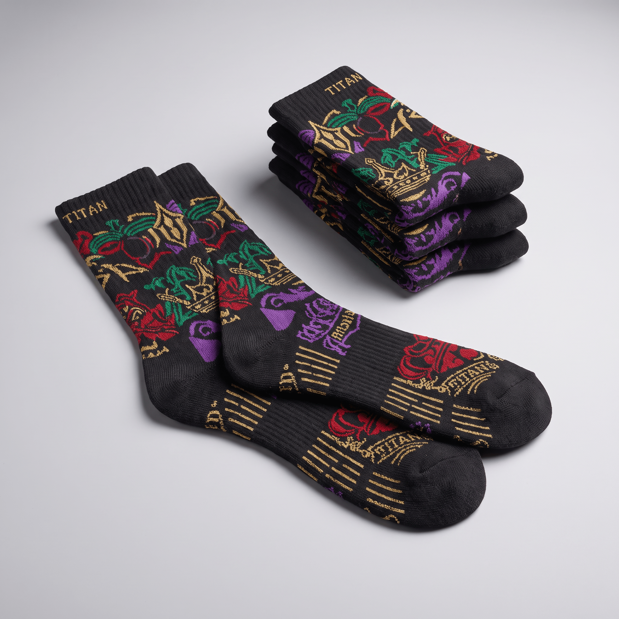 Black crew socks with colorful crown, rose, and Titan graphics, shown paired and folded in a stack.
