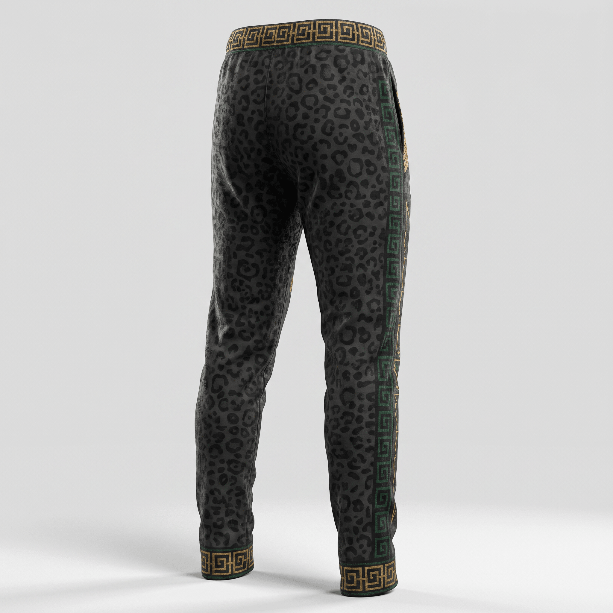 Rear view of black leopard print joggers with gold Greek key trim on cuffs and waistband.