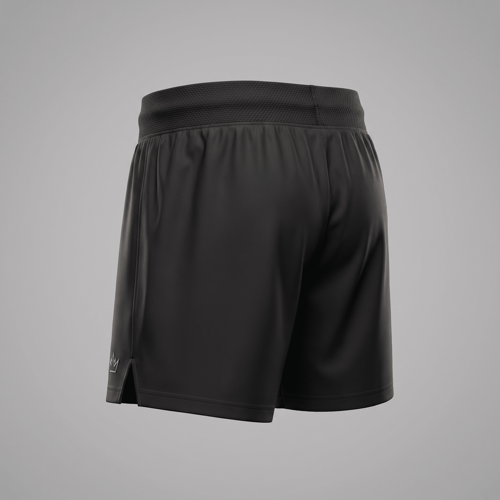 Back view of black athletic shorts with a wide elastic waistband and side slit.