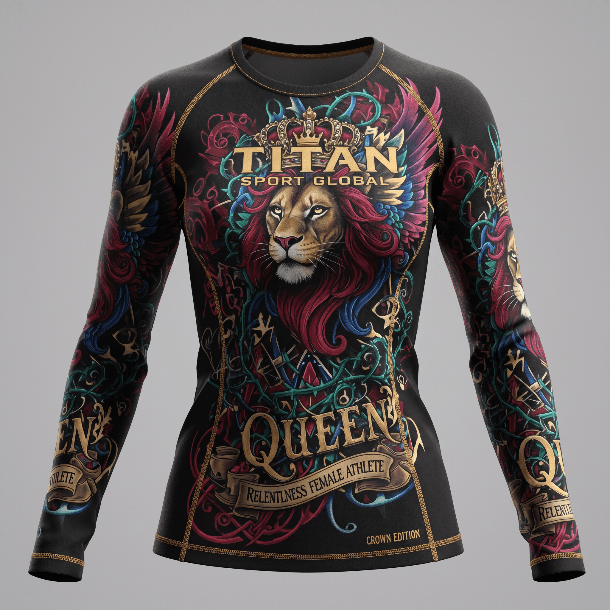 Black long sleeve rash guard for women featuring a crowned lion graphic and Titan Sport Global branding.