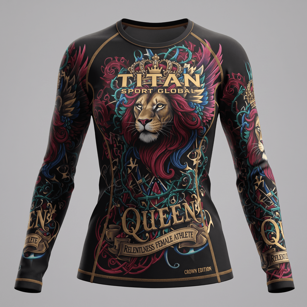 Black long-sleeve women's rash guard with a crowned lion graphic, red and blue floral motifs, and gold text.