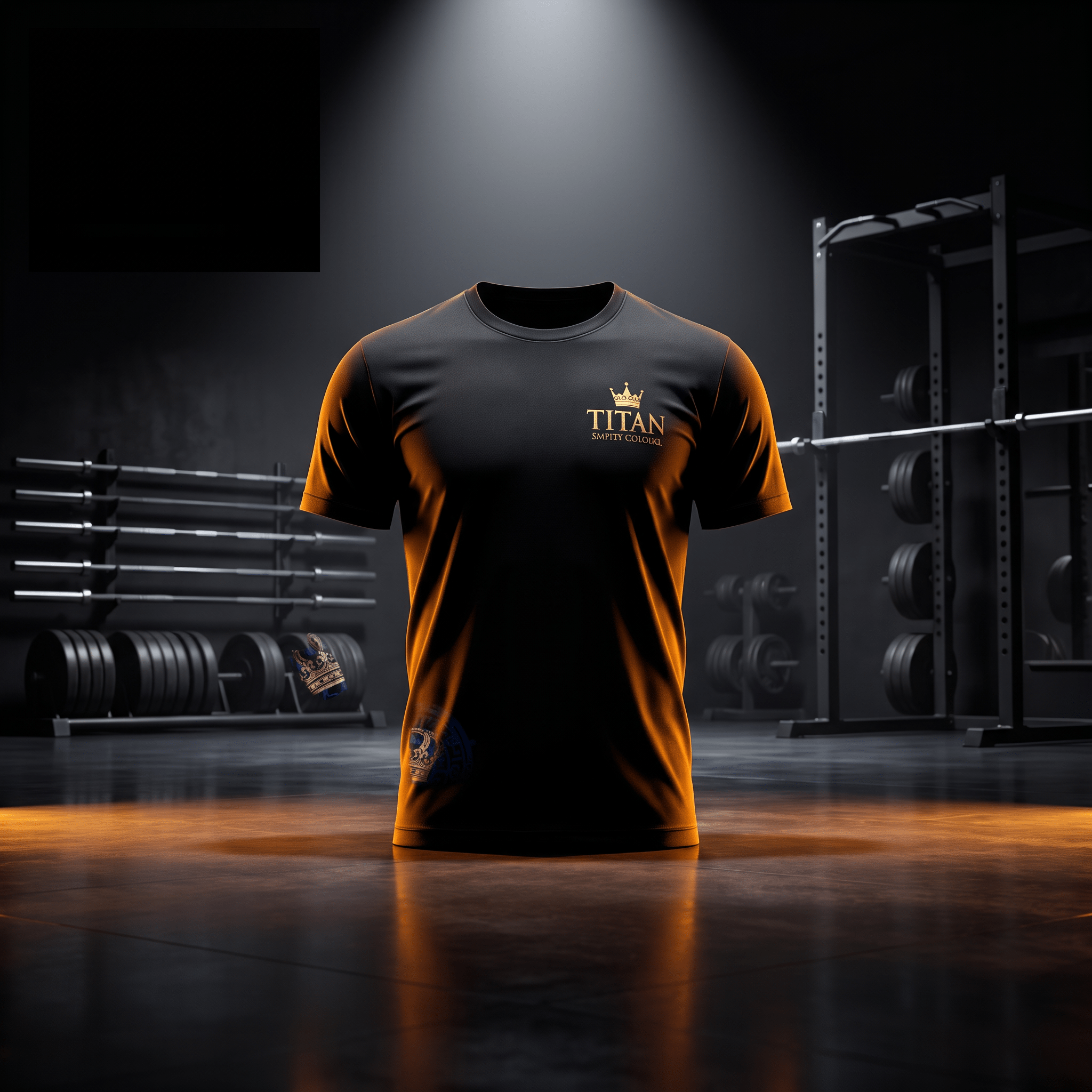 Black athletic t-shirt with gold "TITAN" logo and crown graphic, displayed in a gym setting under a spotlight.
