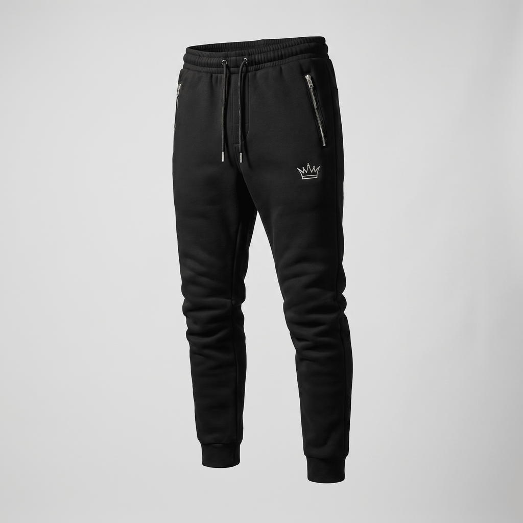 Black athletic joggers with zippered pockets, a drawstring waistband, and a small white crown logo on the leg.