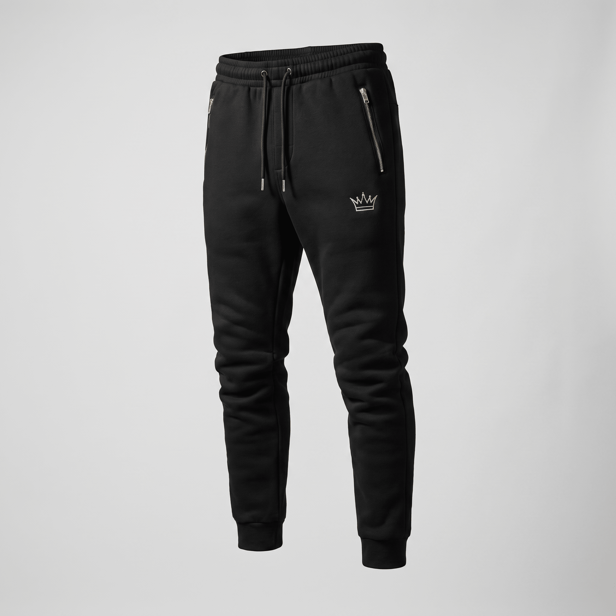Black athletic joggers with zippered pockets, a drawstring waistband, and a small white crown logo on the leg.