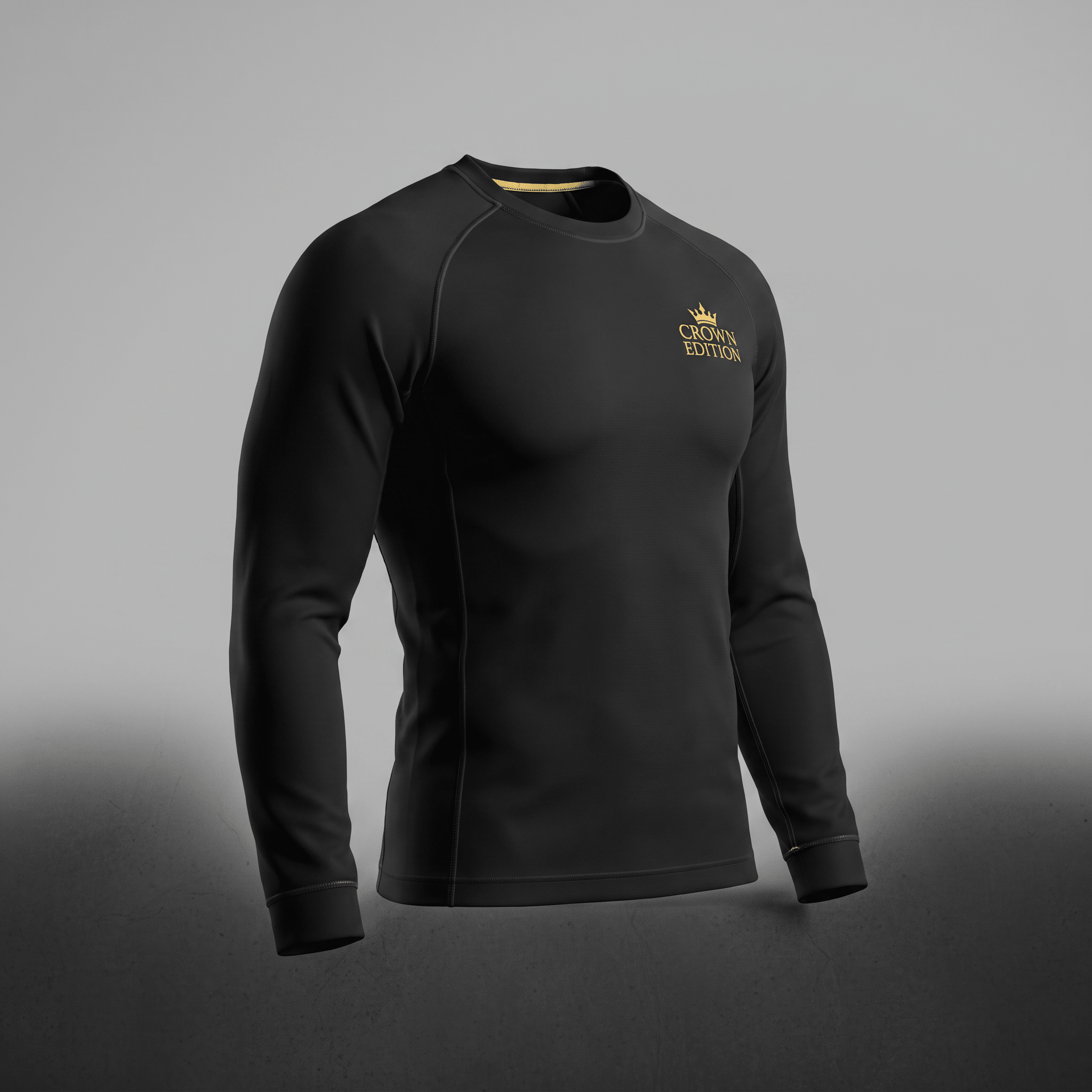 Black long-sleeve athletic crewneck shirt with gold Crown Edition logo on chest.