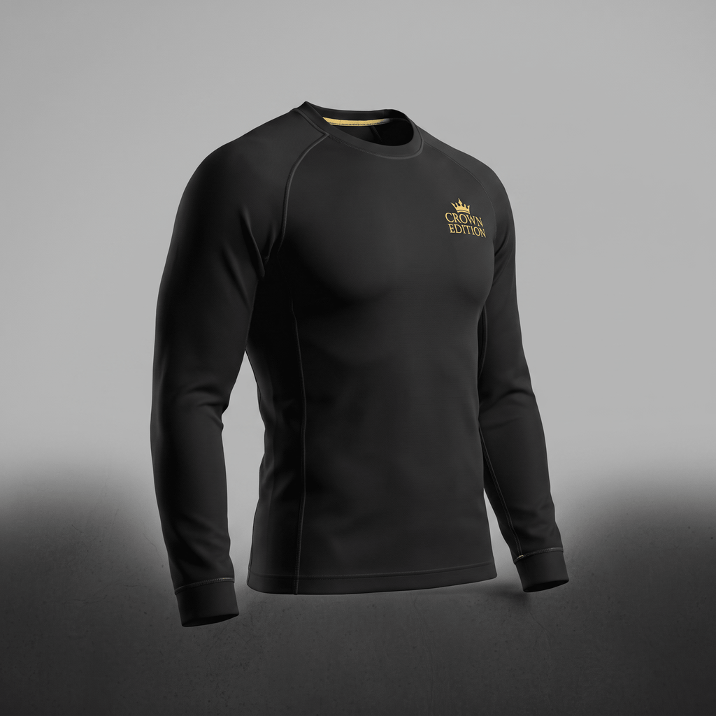 Black long-sleeve athletic crewneck shirt with gold Crown Edition logo on the chest.
