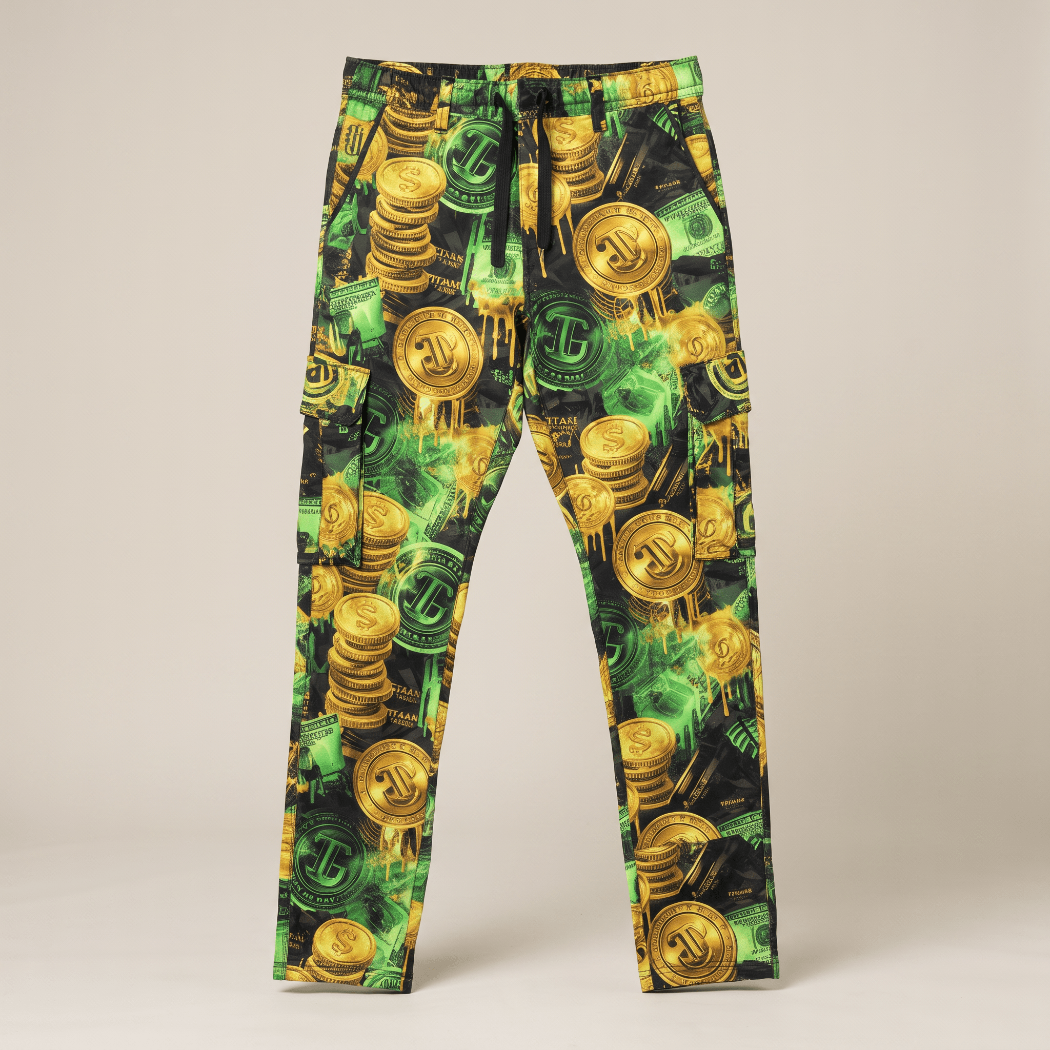 Green cargo pants featuring an allover gold coin and dollar bill print with black drawstring waist.