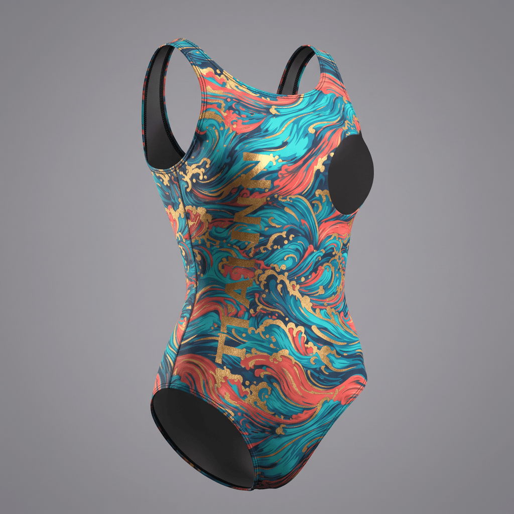 Teal and coral one-piece swimsuit featuring a Japanese wave pattern and gold accents.