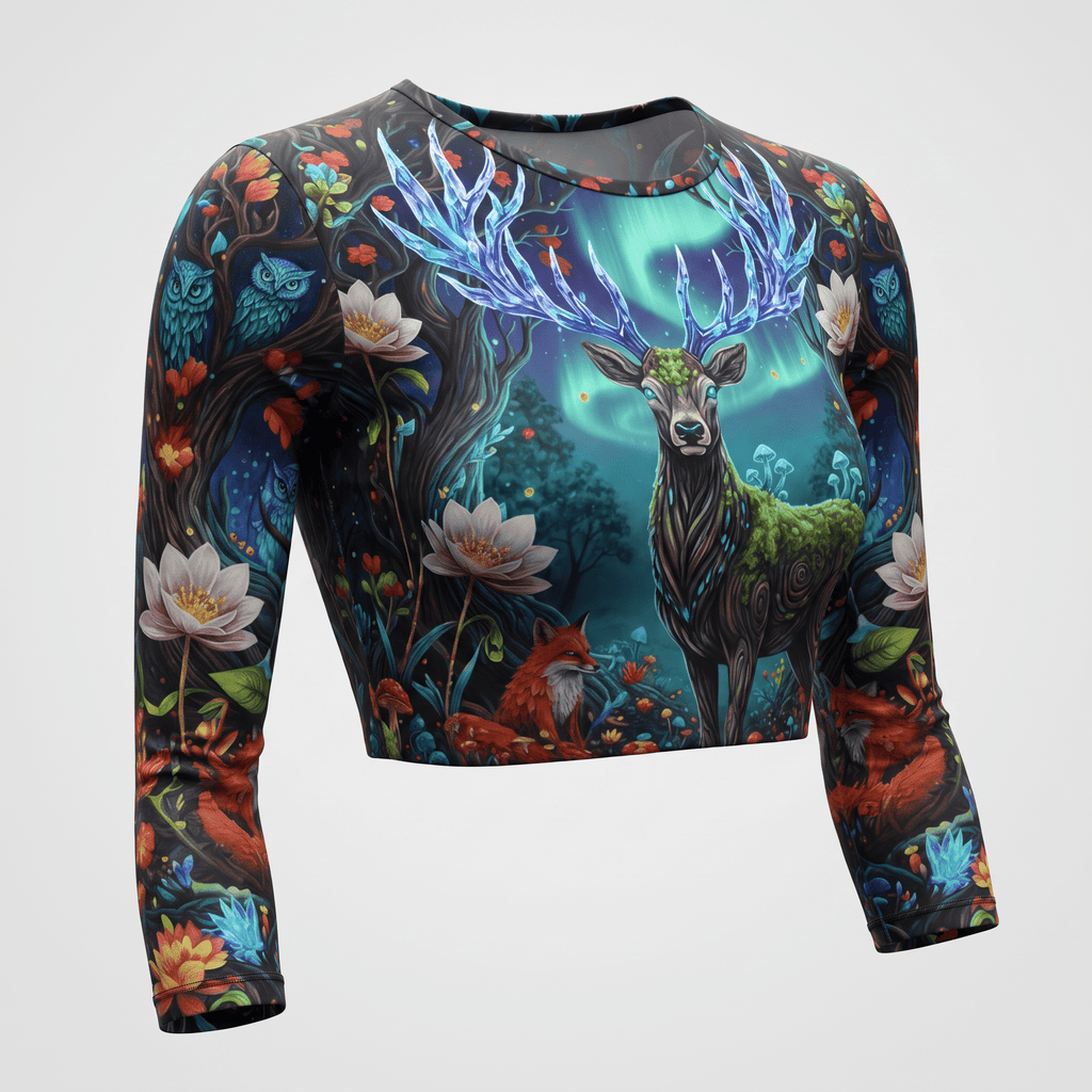 Long sleeve crop top featuring a magical forest print with a glowing deer, fox, and northern lights.