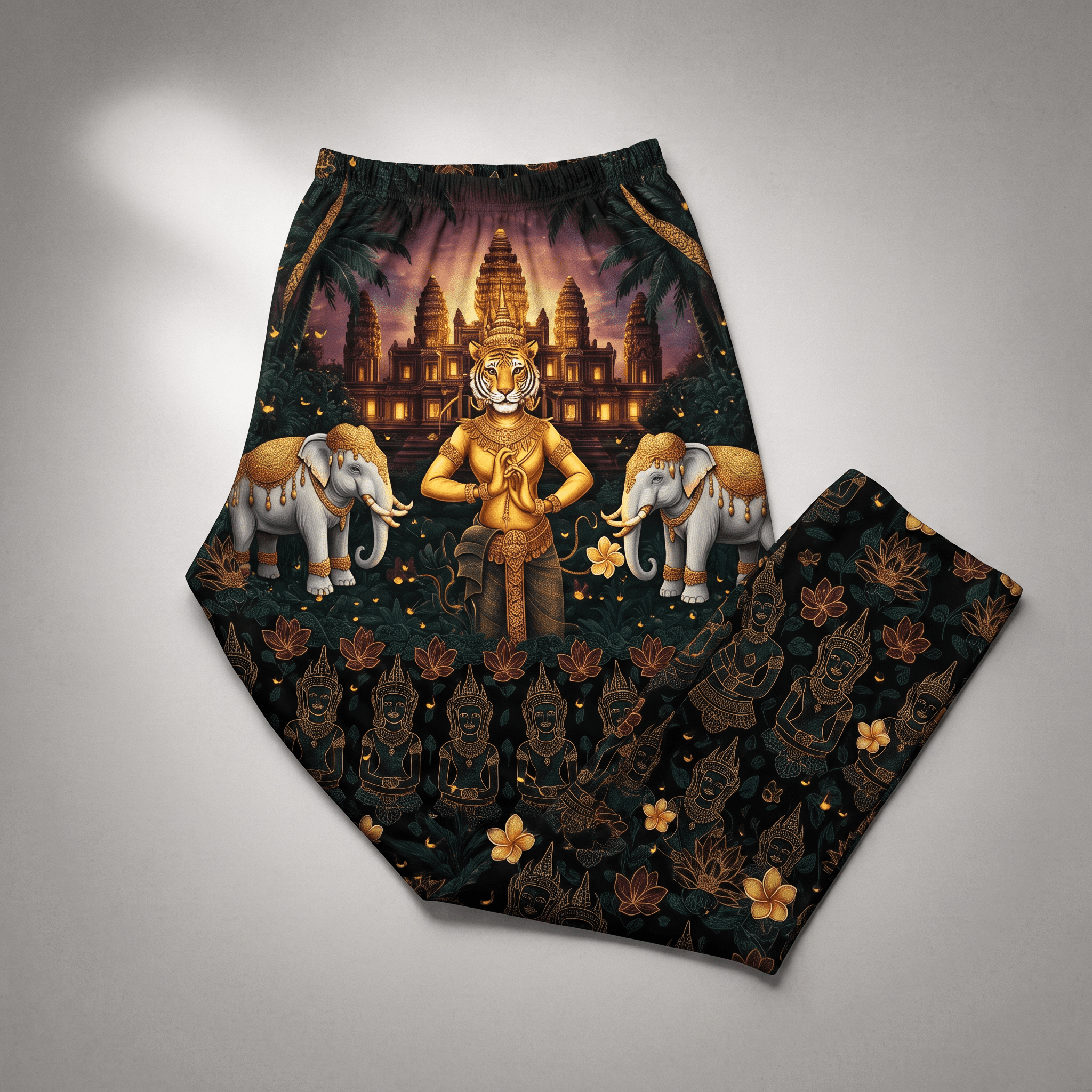 Black lounge pants featuring a golden tiger deity, elephants, and temple graphic.