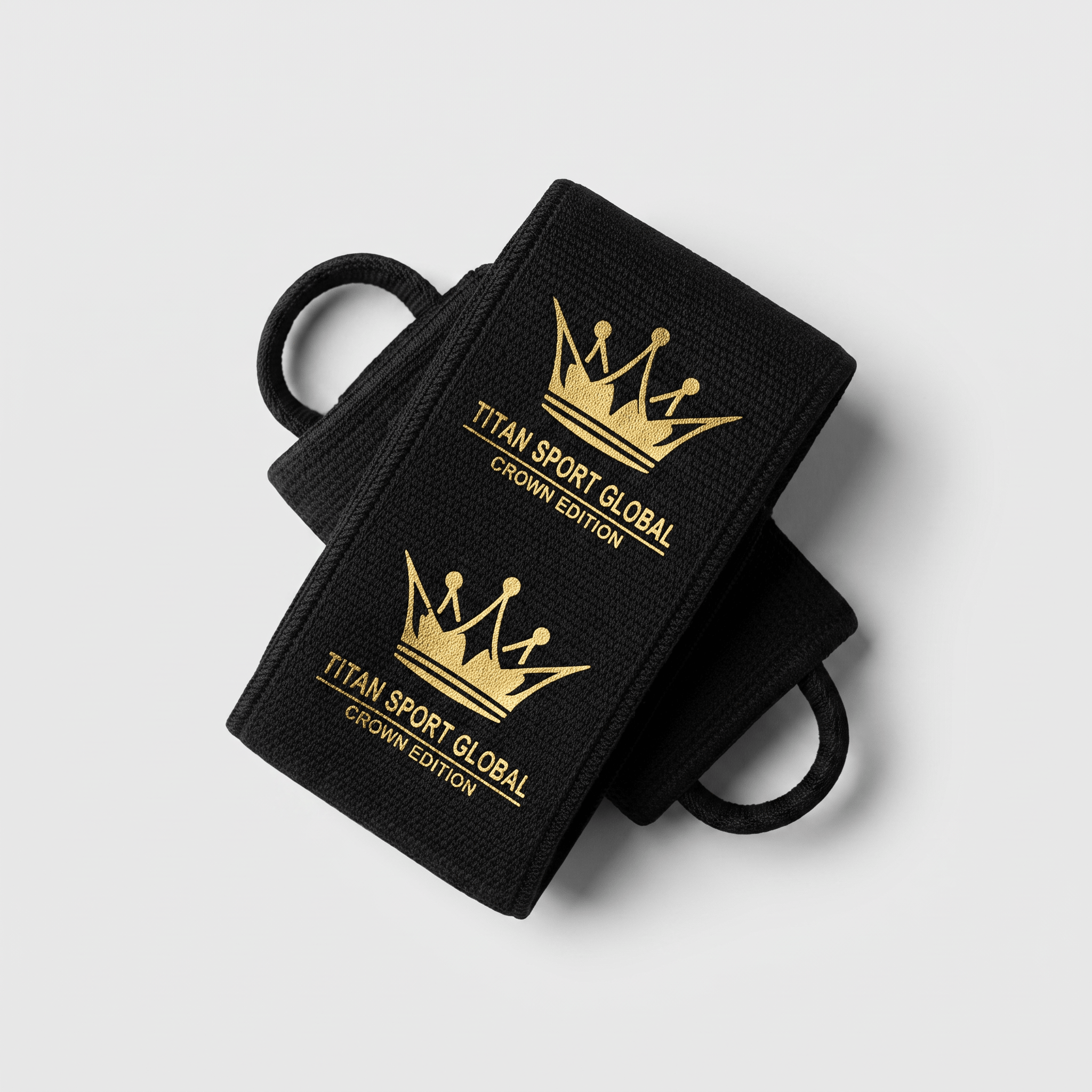 Black wrist wraps with gold Titan Sport Global Crown Edition logo on a white background.