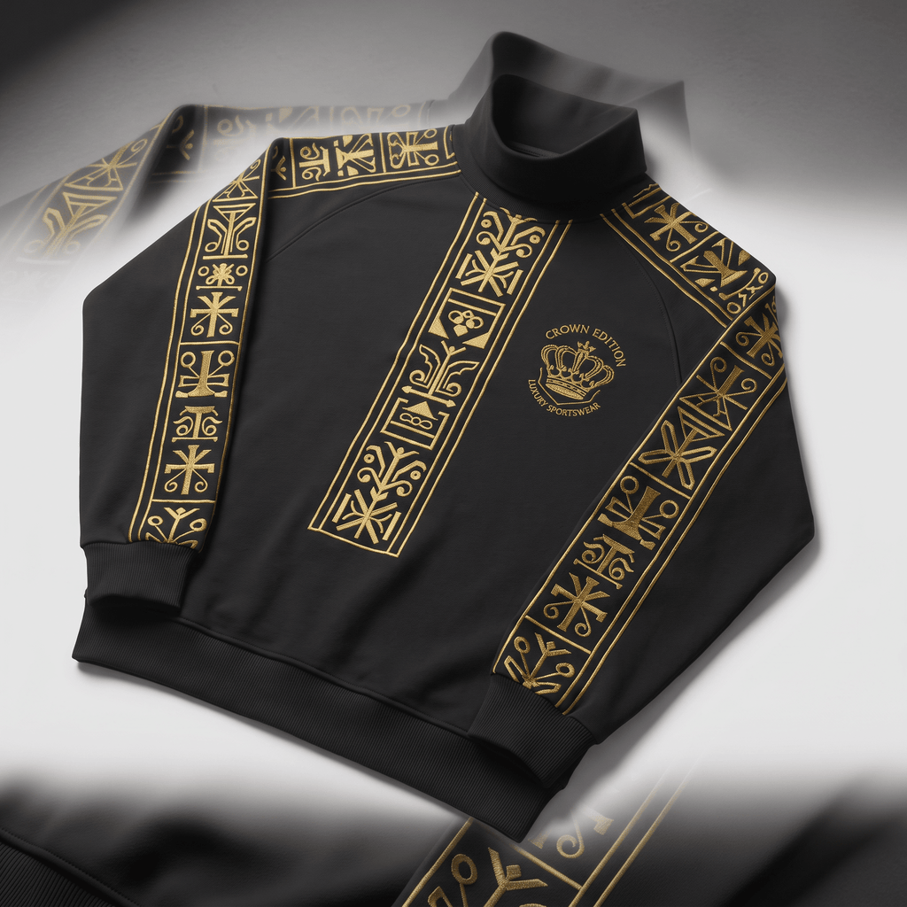 Black mock neck sweatshirt with gold embroidered geometric sleeve and front bands and crown logo.