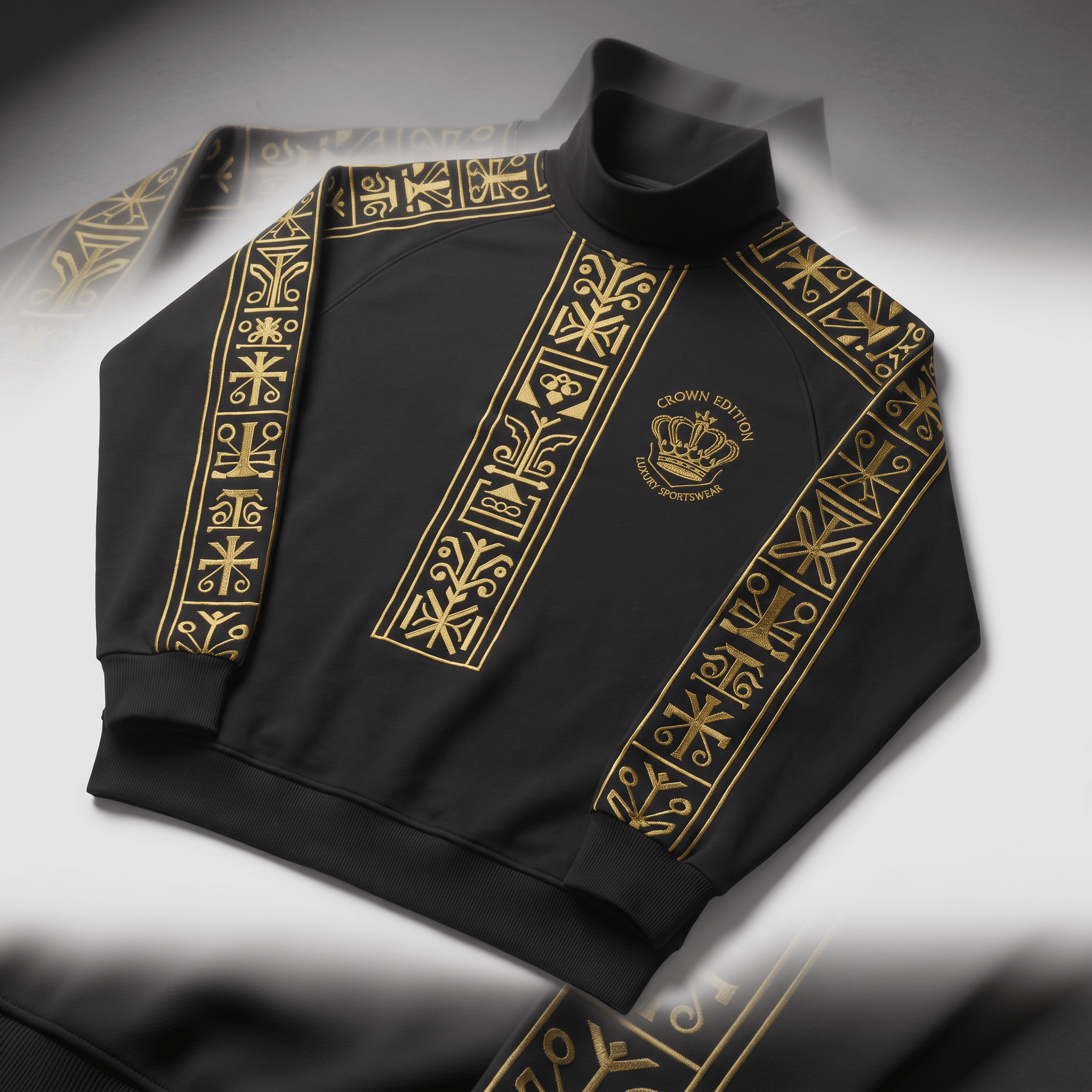Black mock neck sweatshirt with gold embroidered geometric sleeve and front bands and crown logo.