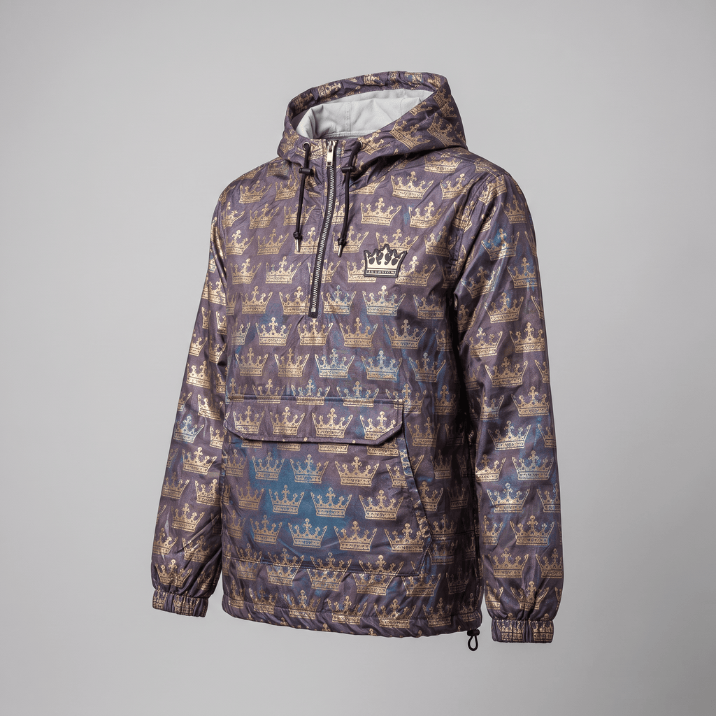 Dark purple anorak hoodie featuring an all-over gold crown pattern, quarter-zip, and front pouch pocket.