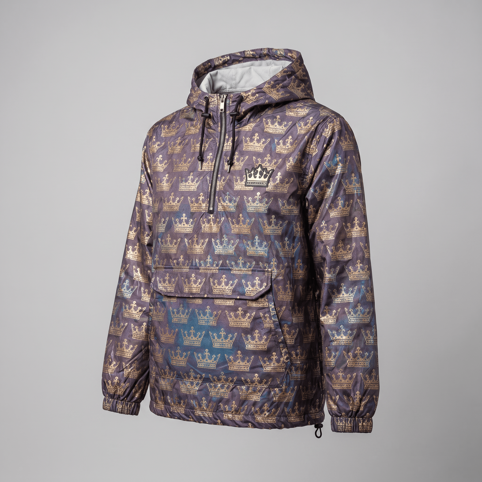 Dark purple anorak hoodie featuring an all-over gold crown pattern, quarter-zip, and front pouch pocket.