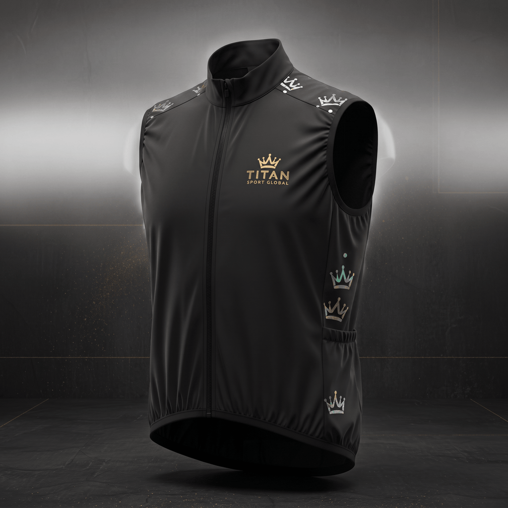 Black Titan Sport Global sleeveless cycling vest with gold crown logo and reflective crown graphics.