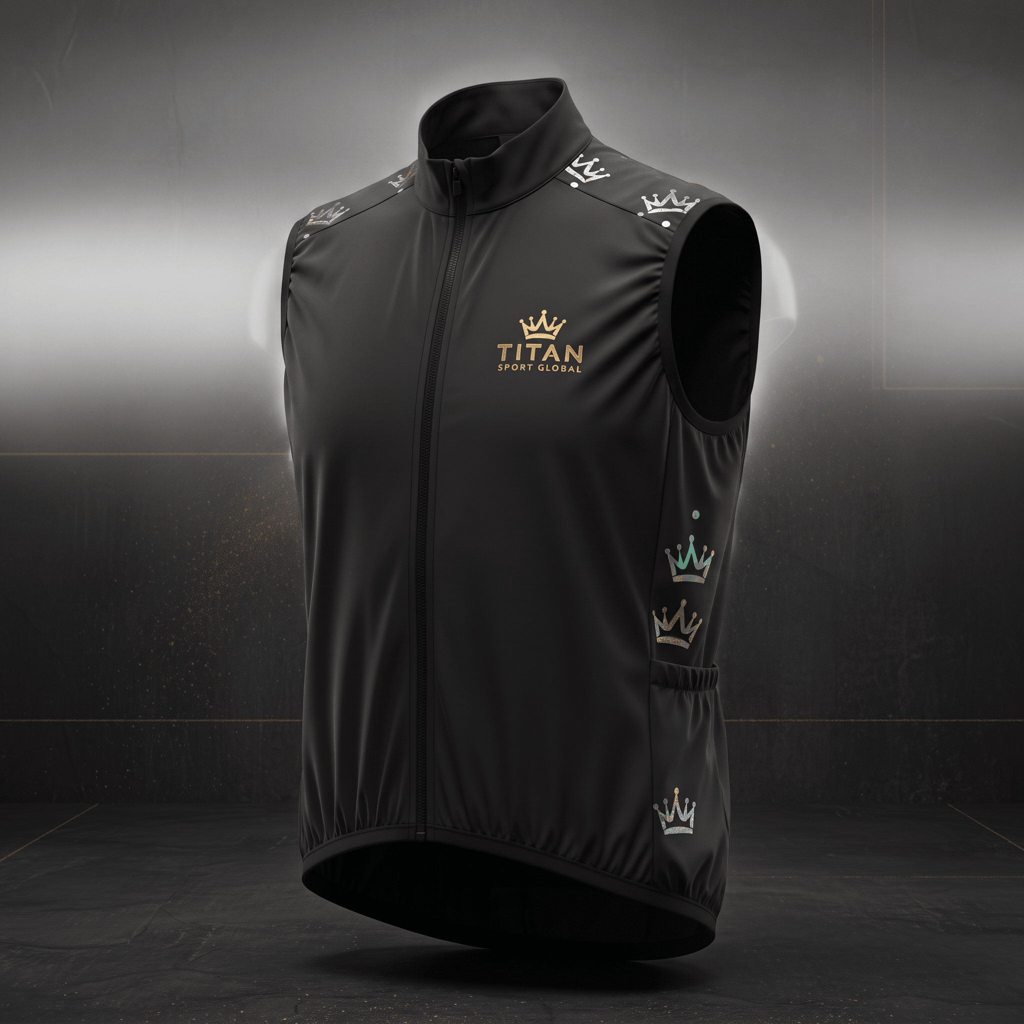 Black Titan Sport Global sleeveless cycling vest with gold crown logo and reflective crown graphics.
