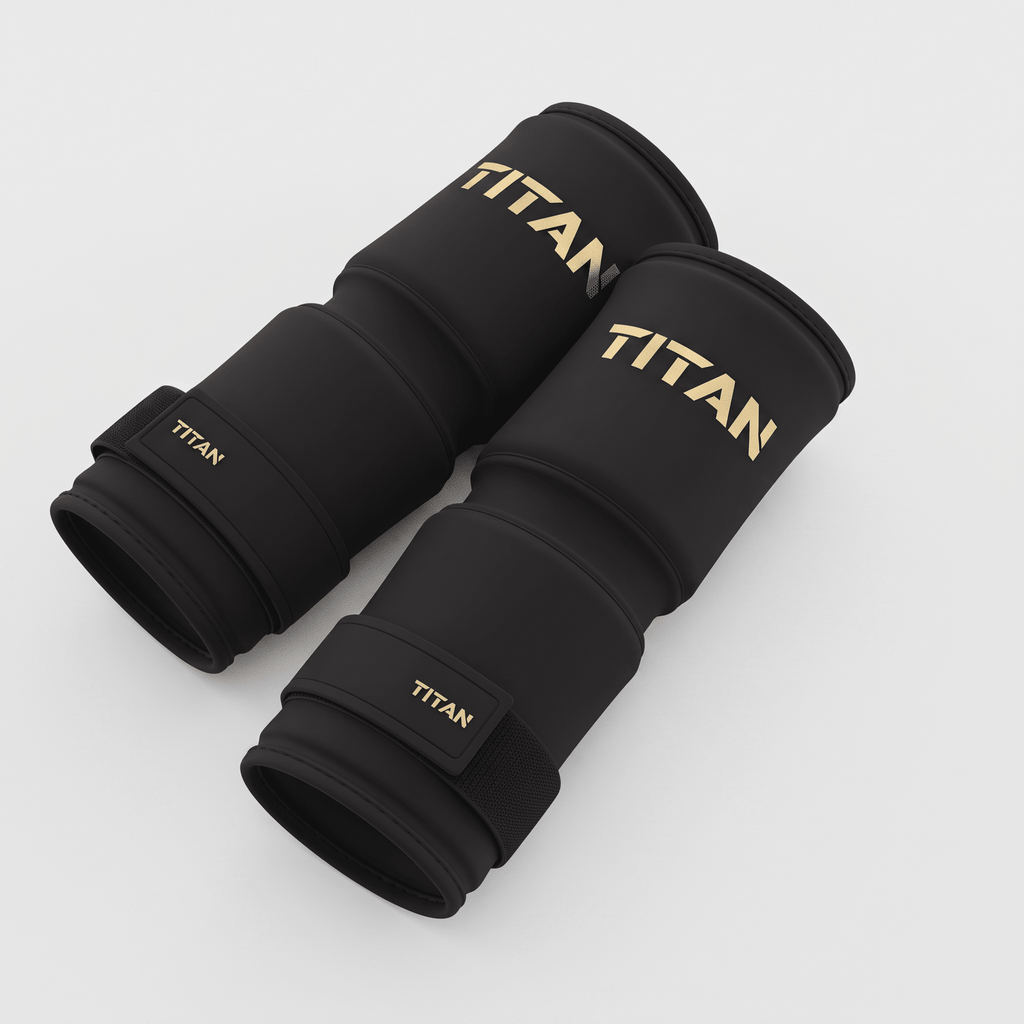 Pair of black Titan knee sleeves with gold branding on a light gray background.