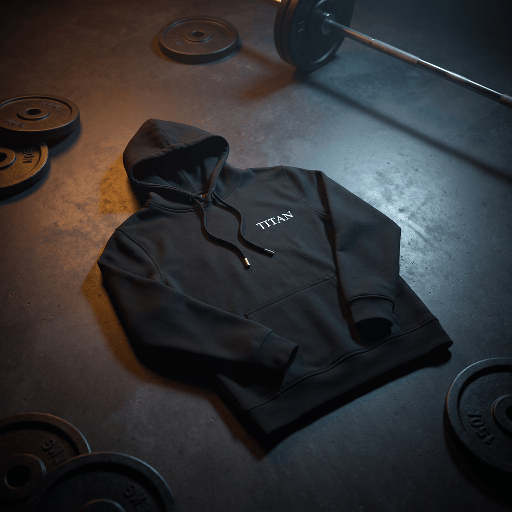 Black hoodie with white "TITAN" text, featuring a drawstring hood and pocket, displayed on a gym floor with weight plates.