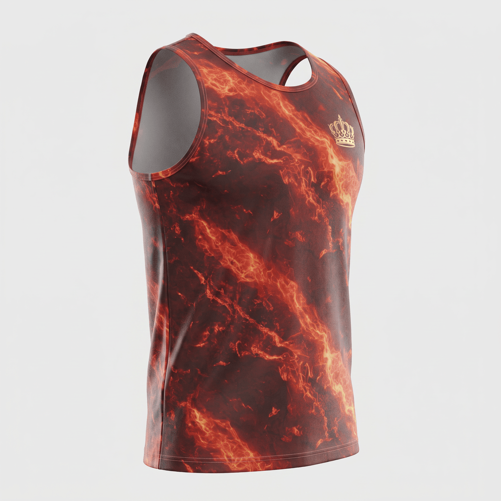 Red and orange flame print tank top with gold crown logo on chest.