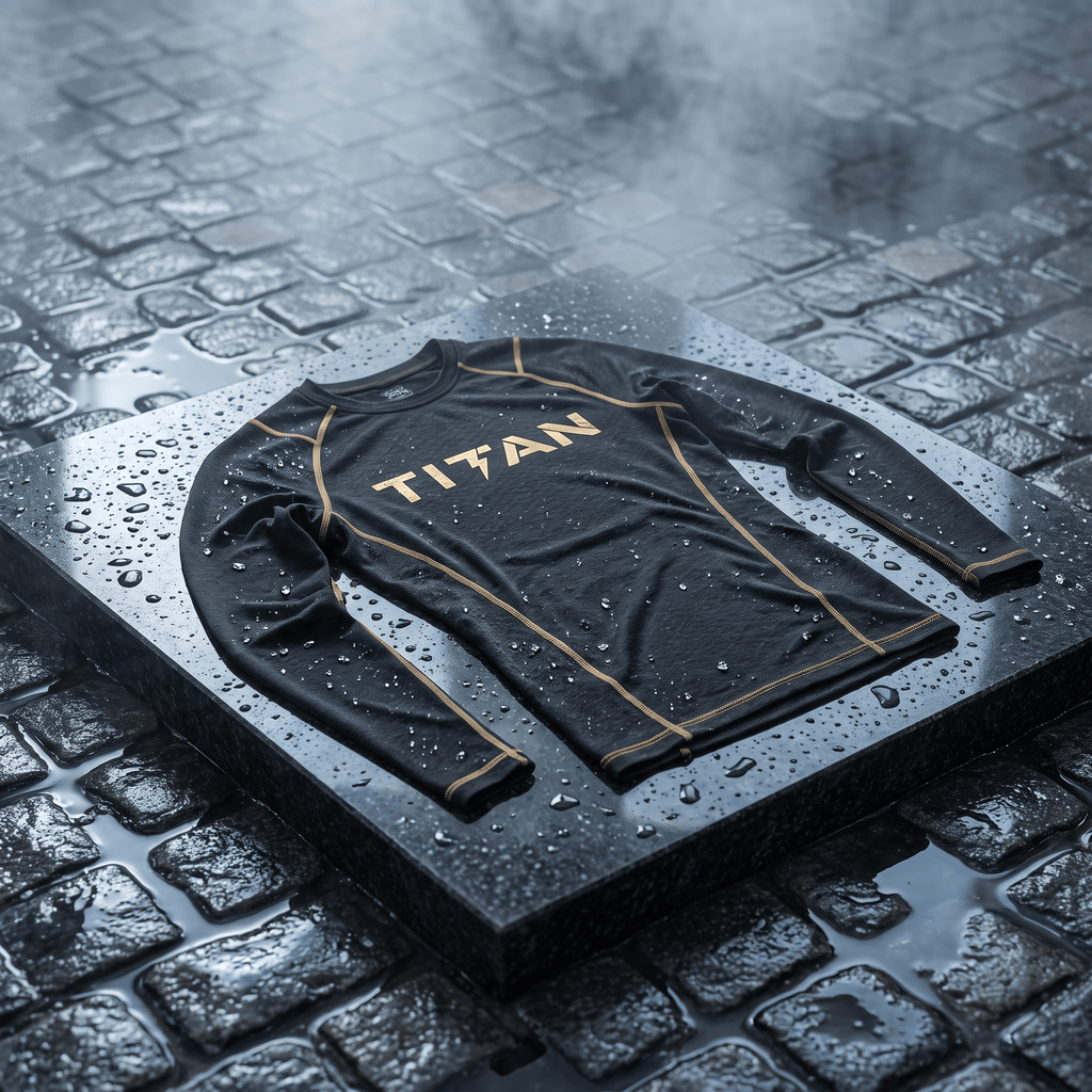 Black long-sleeve athletic shirt with gold "TITAN" branding and stitching, resting on a wet stone platform.