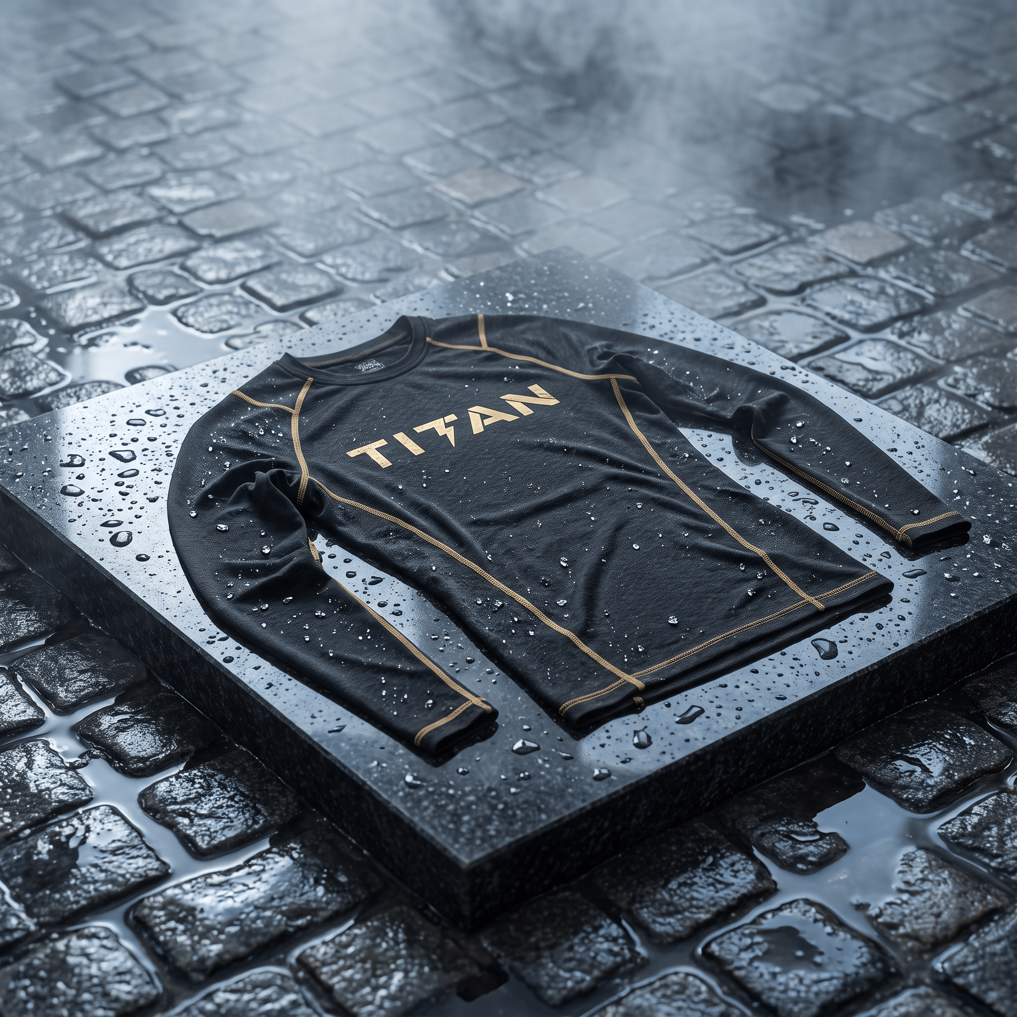 Black long-sleeve athletic shirt with gold "TITAN" branding and stitching, resting on a wet stone platform.