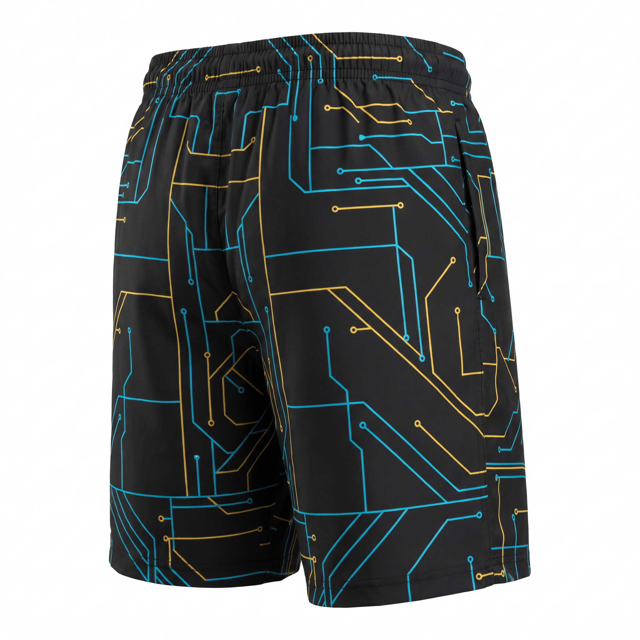 Back view of black athletic shorts featuring a blue and yellow circuit board print.
