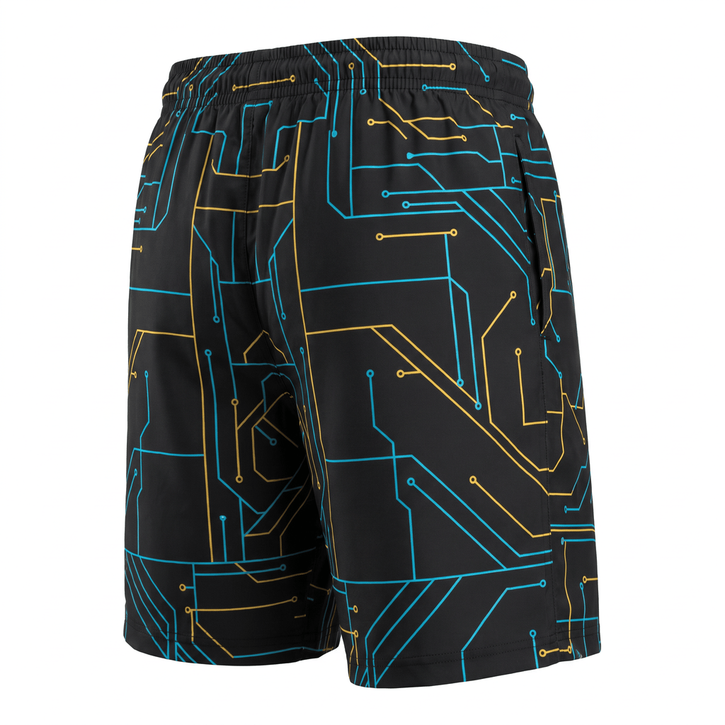 Back view of black athletic shorts featuring a blue and yellow circuit board print.