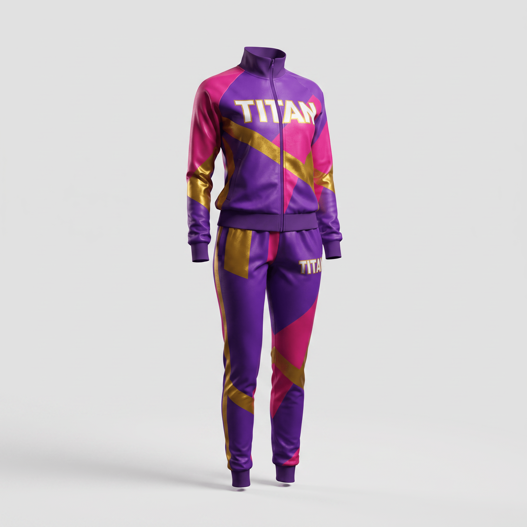 Purple, pink, and gold geometric track jacket and pants set with Titan branding on white background.