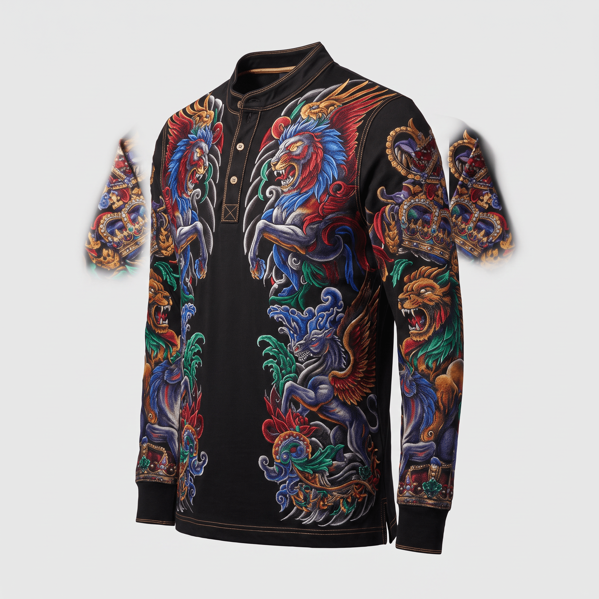 Black long-sleeve polo shirt featuring vibrant colorful embroidered winged lions and heraldic crests.