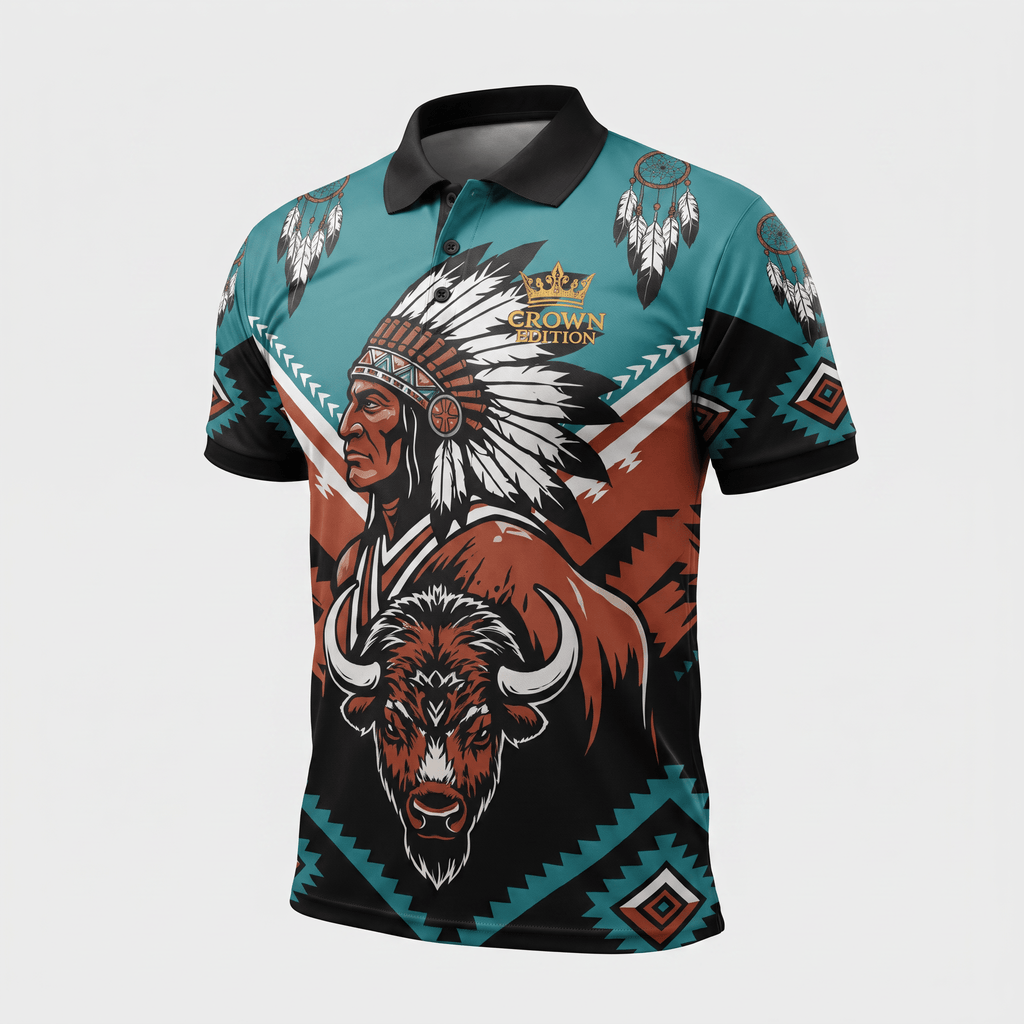 Teal polo shirt with Native American chief, buffalo, and dreamcatcher graphic print.