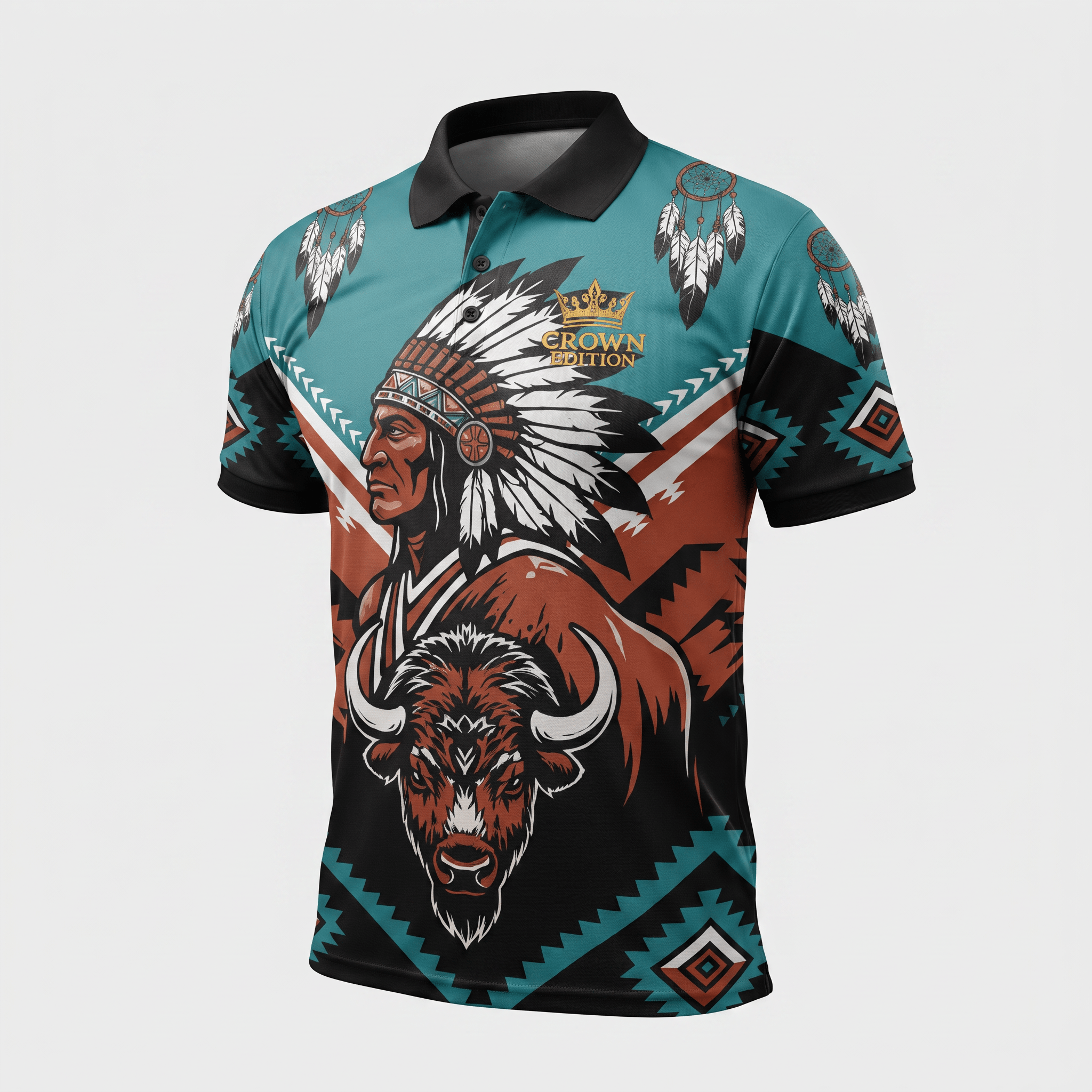 Teal polo shirt with Native American chief, buffalo, and dreamcatcher graphic print.