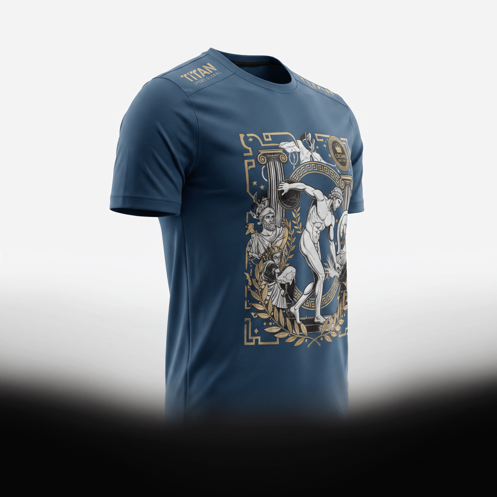 Blue athletic t-shirt featuring a gold and white classical Greek art graphic on the front and shoulder branding.