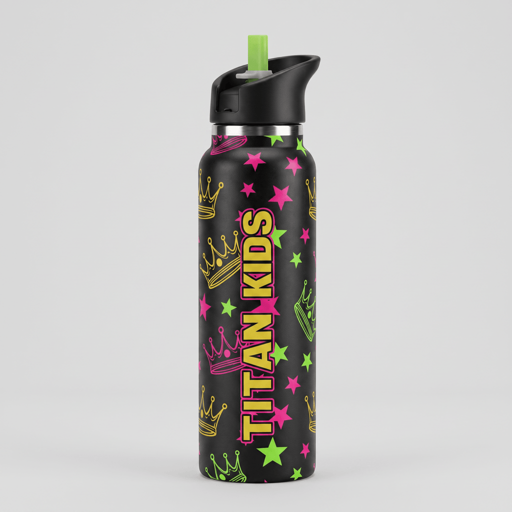Black water bottle with pink and green crown and star pattern, black lid, and green straw, reading Titan Kids.