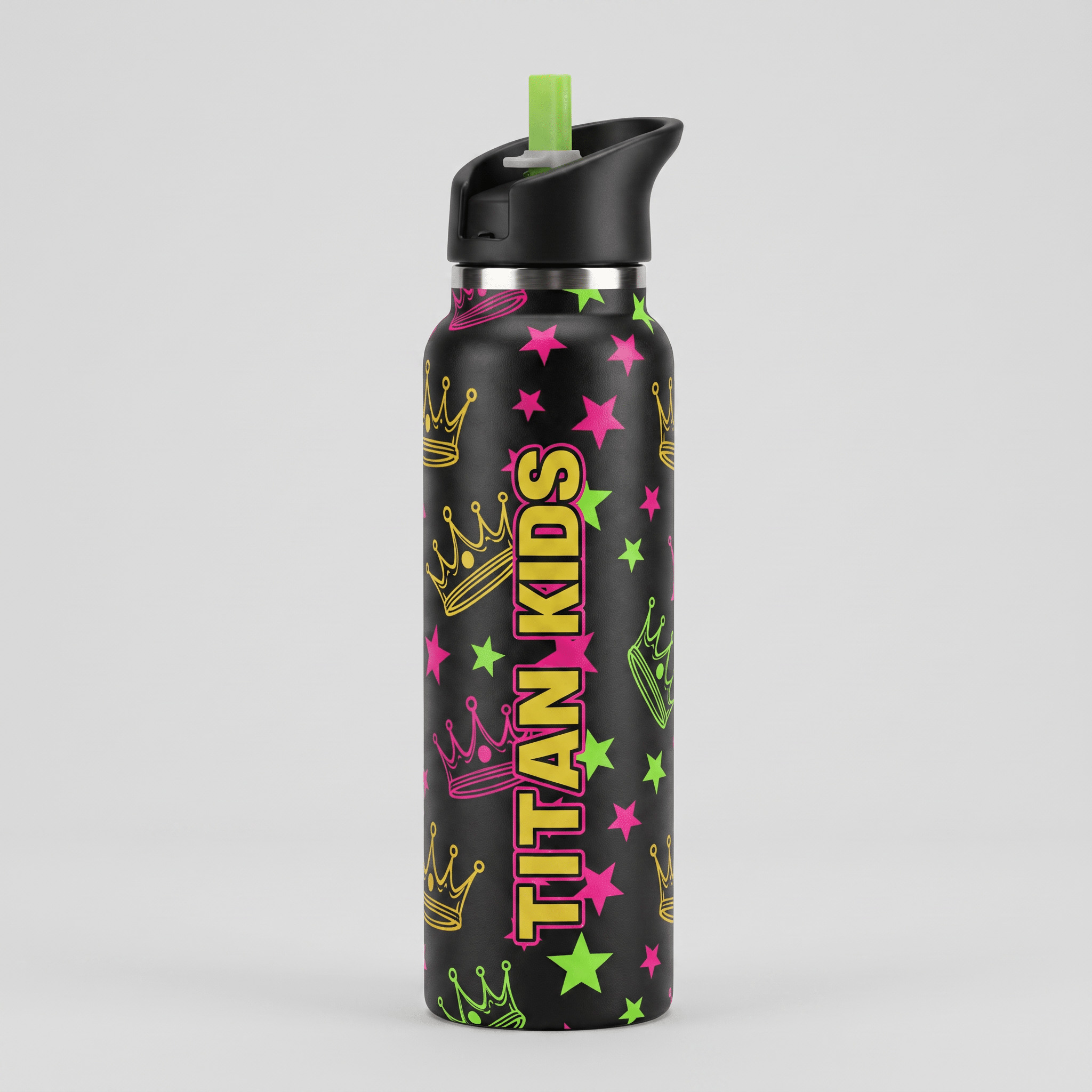 Black water bottle with pink and green crown and star pattern, black lid, and green straw, reading Titan Kids.