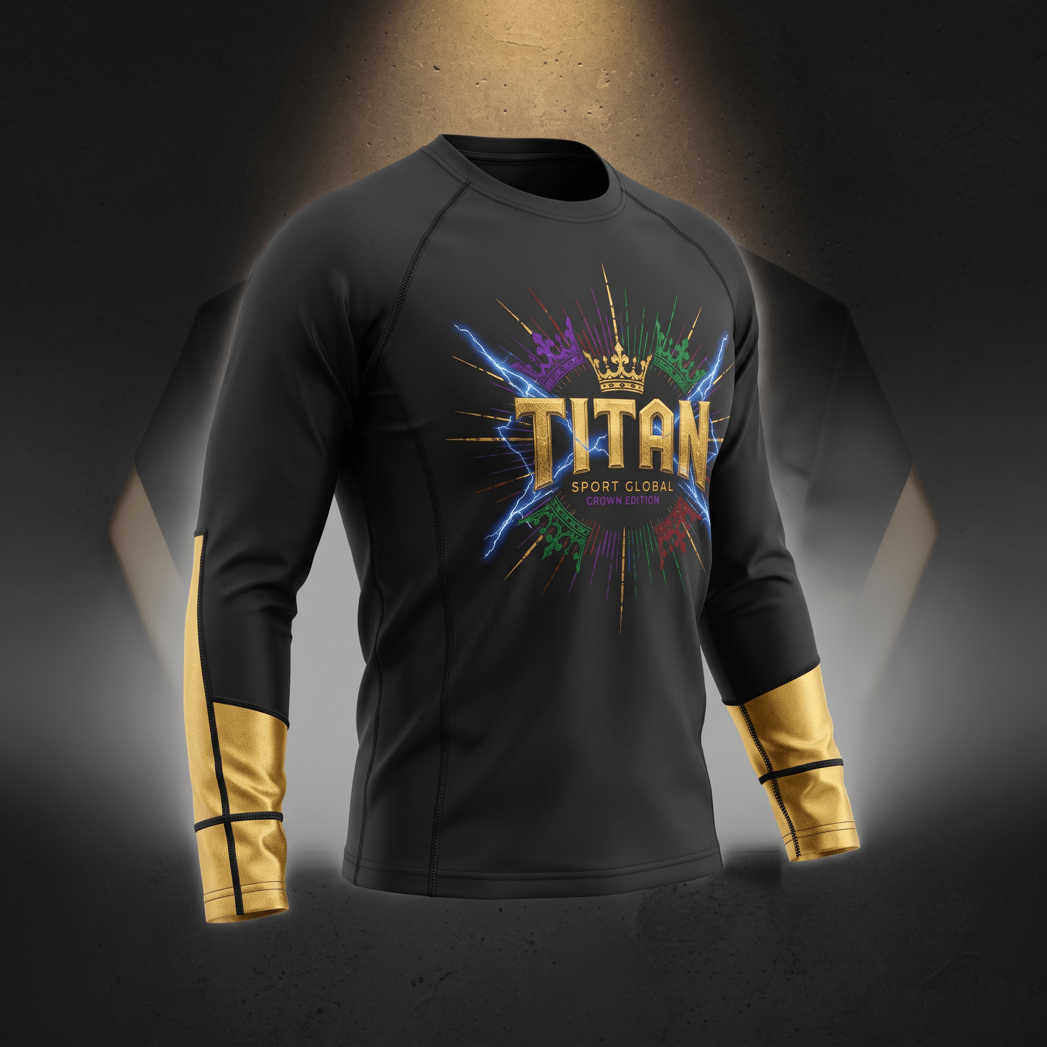 Black long-sleeve rash guard with gold cuffs and chest graphic featuring Titan Crown Edition branding.