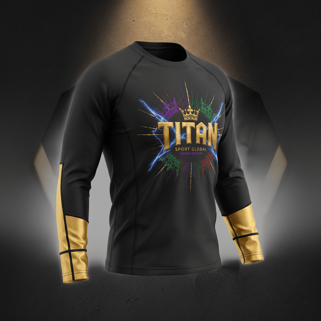 Black long-sleeve rash guard with gold cuffs and a Titan Sport Global crown graphic on the chest.