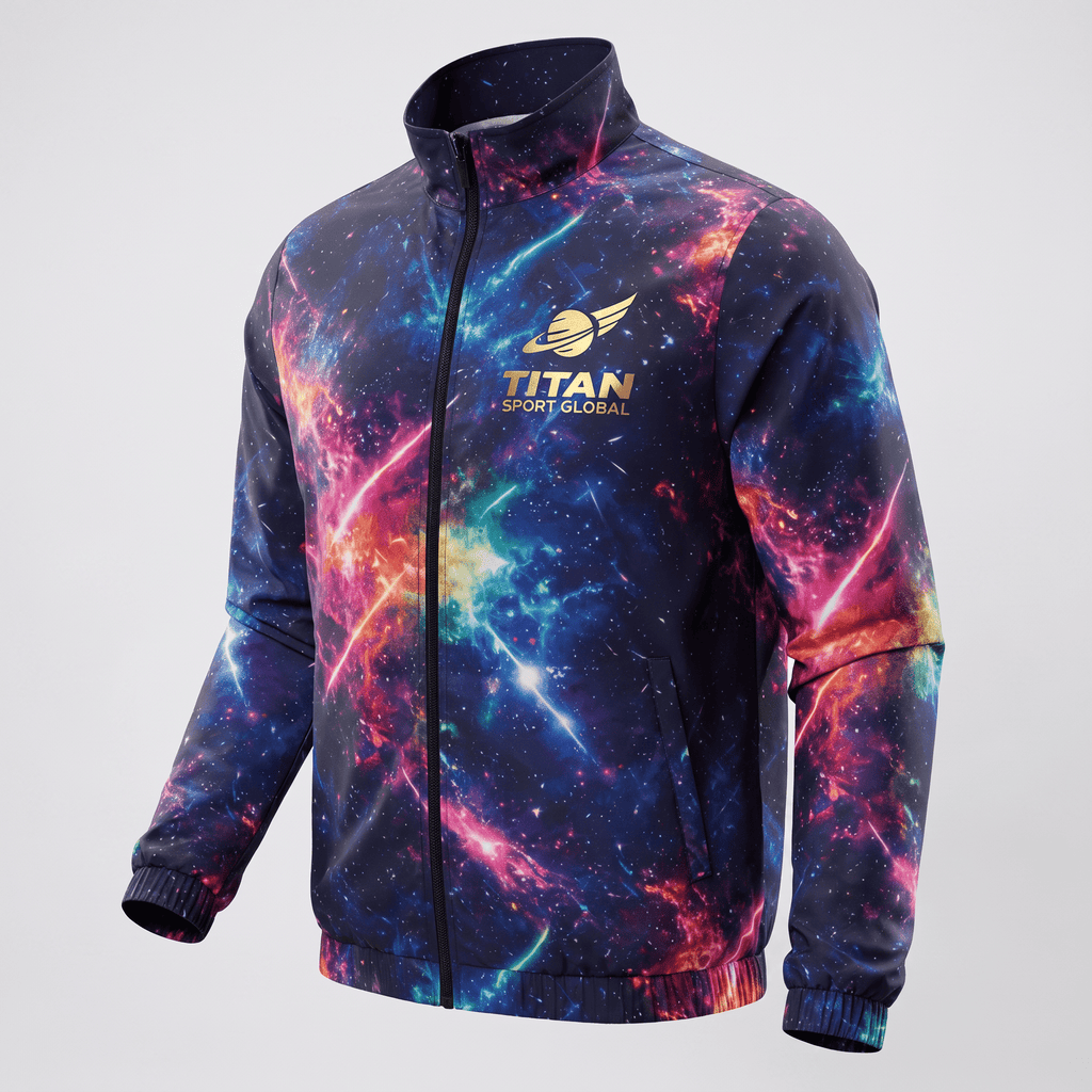 Black zip-up track jacket featuring a vibrant galaxy nebula print with gold Titan Sport Global branding.