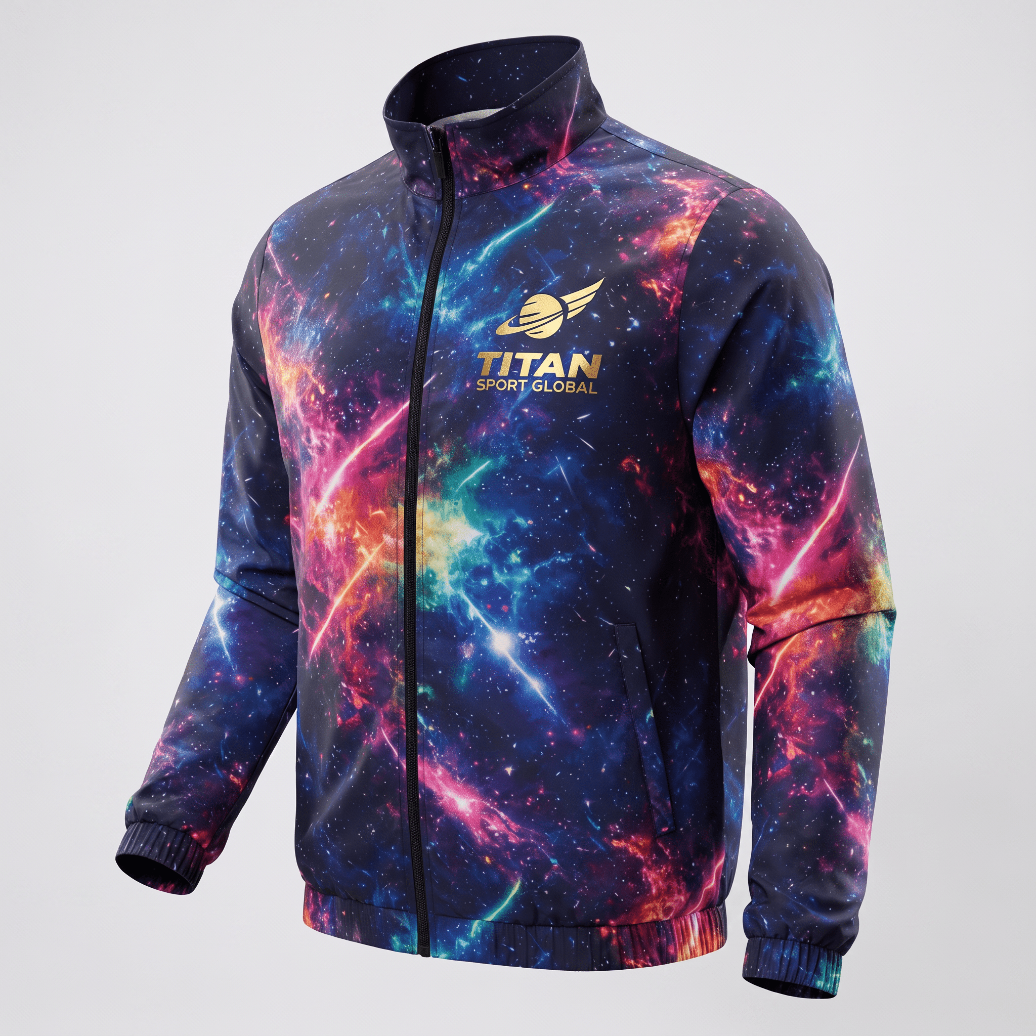 Black zip-up track jacket featuring a vibrant galaxy nebula print with gold Titan Sport Global branding.
