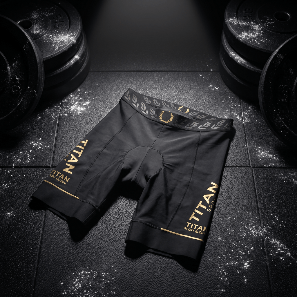 Black athletic shorts with gold "TITAN" branding and a laurel-patterned waistband, resting on a gym floor with weights.