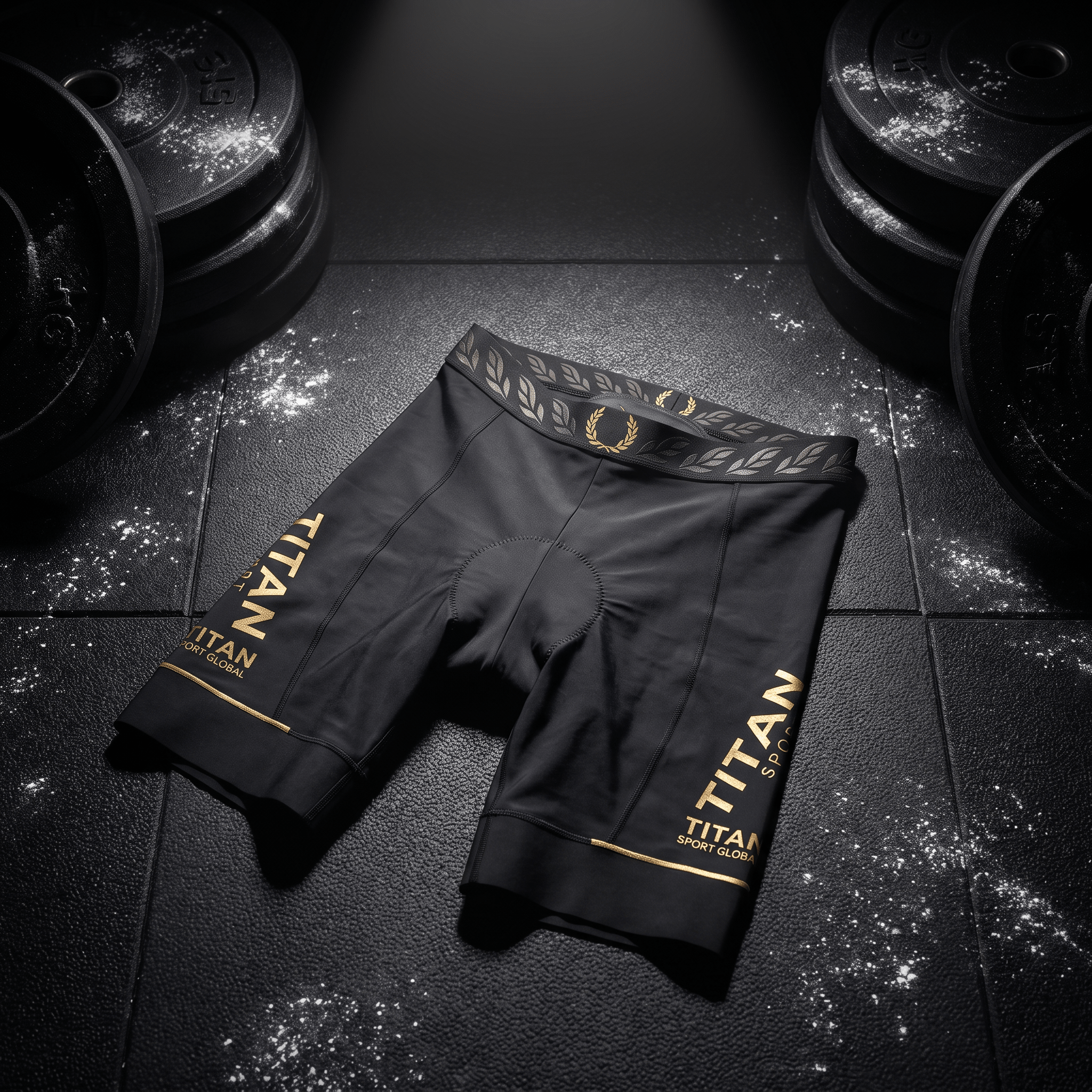 Black athletic shorts with gold "TITAN" branding and a laurel-patterned waistband, resting on a gym floor with weights.