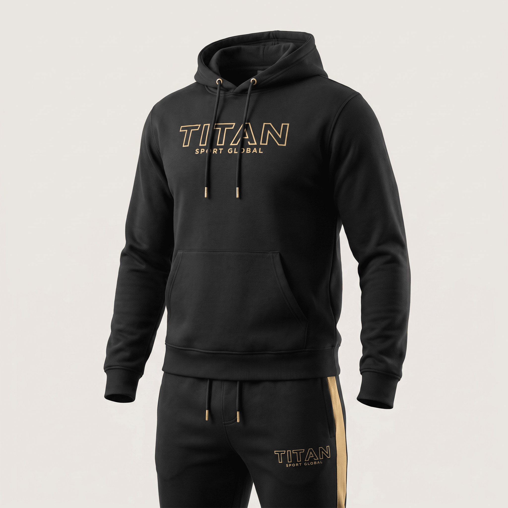 Black pullover hoodie with gold Titan Sport Global logo, matching drawstring, and front pocket.