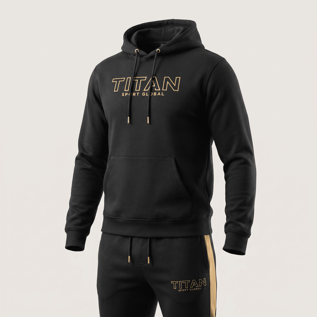 Black Titan Sport Global hoodie with gold lettering, matching drawstring, and front pocket.
